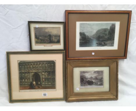 AN ANTIQUE COLOUR PRINT OF "THE SCREEN AT THE WEST FRONT OF EXETER CATHEDRAL" TOGETHER WITH THREE OTHER ANTIQUE PRINTS OF LOC