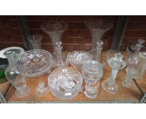 SHELF WITH MISC CUT GLASS GLASSWARE INCL: DECANTERS, VASES&amp; BOWLS