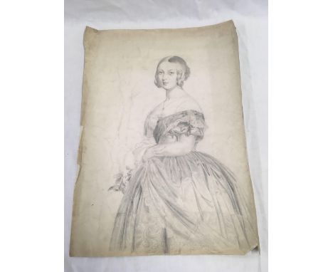 FINE QUALITY ¾ LENGTH PENCIL DRAWING, PORTRAIT OF QUEEN VICTORIA.  INSCRIBED TO REVERSE "THE QUEEN" WITH AN INDISTINCT SIGNAT