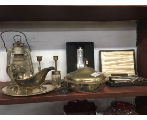 SHELF OF PLATED WARE ETC