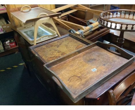2 VINTAGE GALLERY TRAYS, RETRO TEAK BED TRAY &amp; 1 OTHER