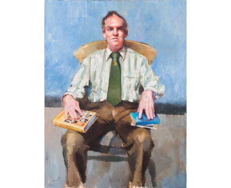 * Robert O Lenkiewicz [1941-2002]- Portrait of a man, three-quarter length seated, reading A Prime Minister on Prime Minister