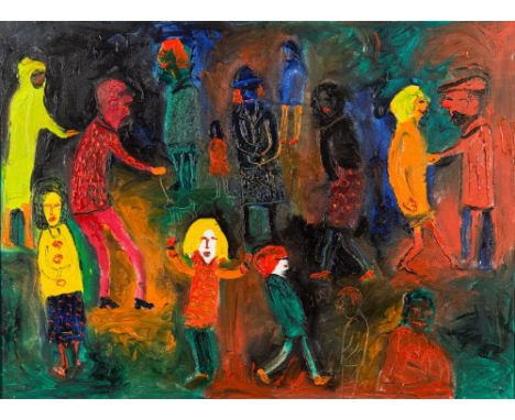 * Fred Yates [1922-2008]- Self-portrait with African and other figures,:- Fred Yates studio stamps verso oil on canvas 54 x 7