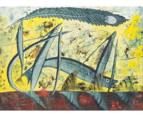 * John Tunnard [1900-1971]- Flying Fish and Angel Fish:- signed and dated '55 bottom left mixed media 27 x 37cm. * Provenance