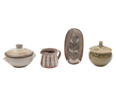 * David Leach (1911-2005) a group of studio pottery: comprising a shallow terracotta tray with incised foliate decoration, a 