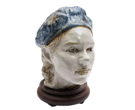 * Seth Cardew [1934-2016] a white clay portrait head of Julie Christie: under white, ochre and blue glazes, impressed persona