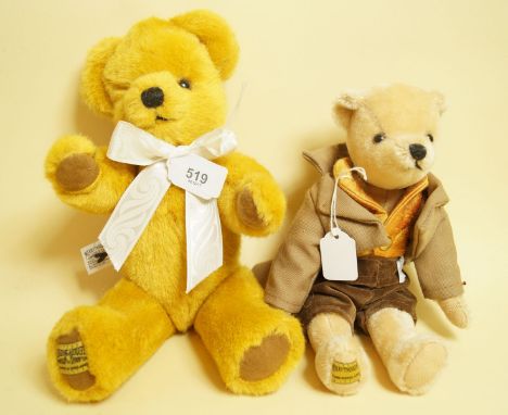 A Merrythought gold plush bear and a blond Merrythought bear in 18th century costume