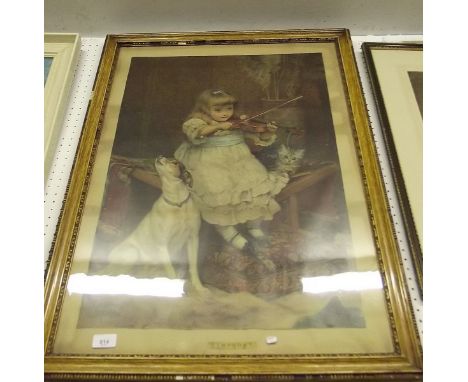 A Victorian print of a young girl playing violin with dog howling 'Symphony' - 69 x 46cm
