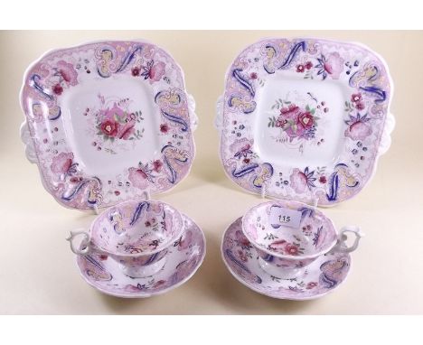 An Alcocks Victorian tea service comprising: six cups, six saucers, two cake plates, all with floral and scrollwork decoratio