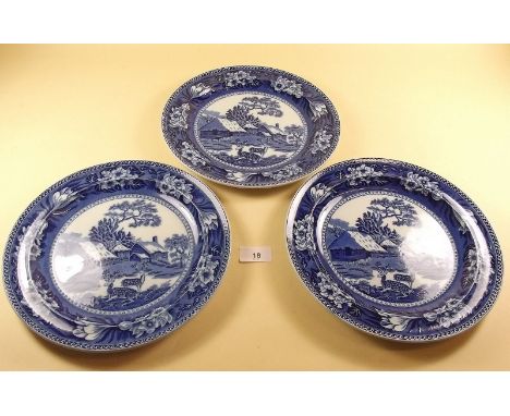 Three Spode 'Fallow Deer' blue and white plates