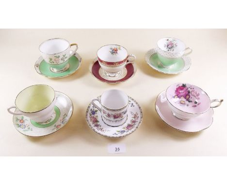 Six various decorative teacups and saucers