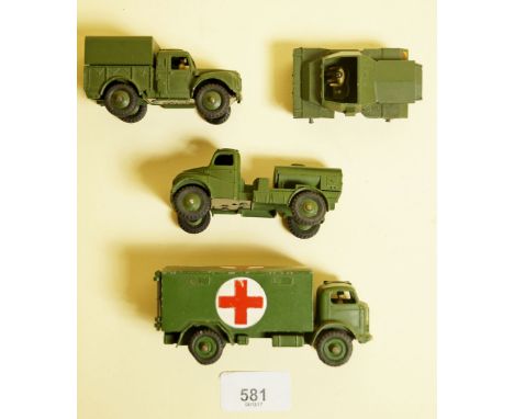 A Dinky Military Ambulance 626, Army Water Tanker 643, Army One Ton Truck 641 and Scout Car 673