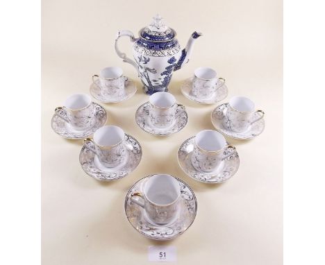 A gilt and white set of eight coffee cans and saucers and a Booths 'Old Willow' coffee pot
