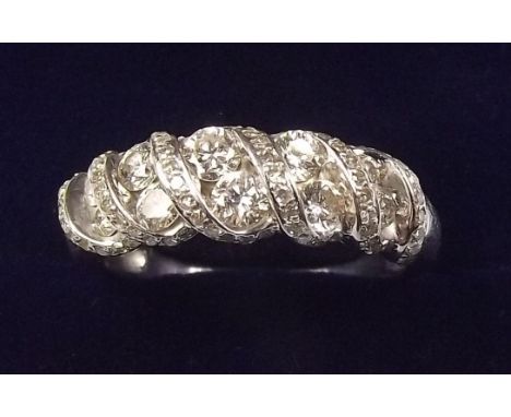 A 10k white gold ring set double row of diamonds with diamond set spiral wrap, size Q