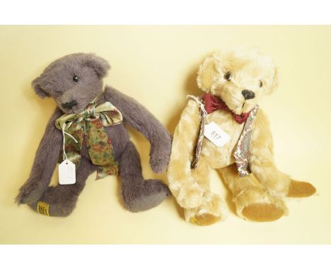 A Merrythought lavender bear and another Merrythought bear with waistcoat