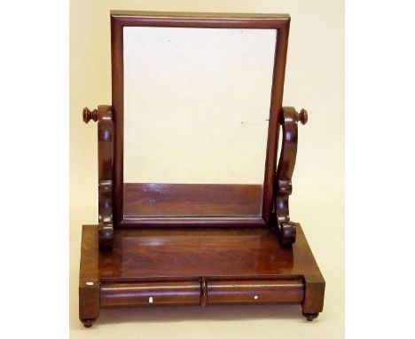 A Victorian large mahogany swing toiletry mirror on scroll supports and box base, 61cm wide