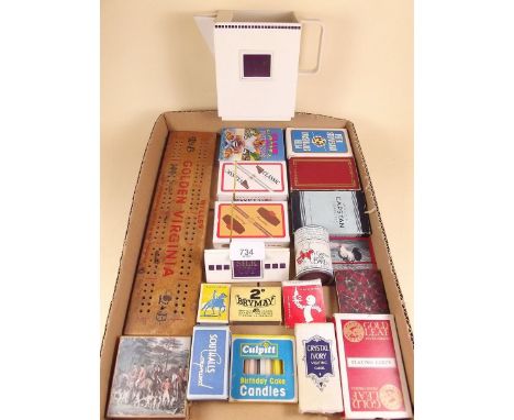 A box of tobacco related collectables including Domino scoreboard, playing cards, bar jug, matches etc