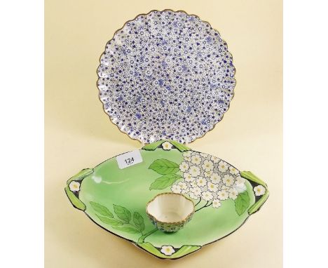 A Spode blue chintz floral plate and pot and a Burleigh Ware green Art Deco dish