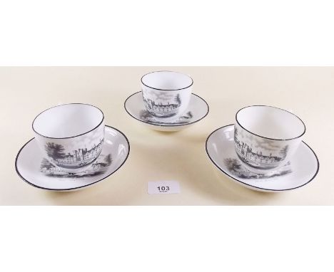 A set of three of 19th century bat printed cups and saucers "Knole Sevenoaks"