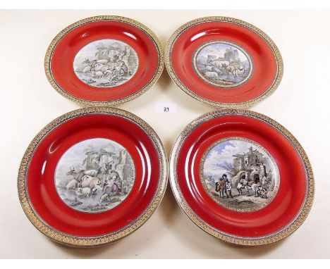 Four F & R Prattware plates printed landscapes c1830