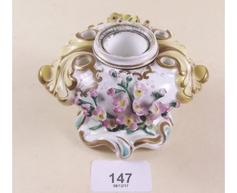 A Coalport Coalbrookdale floral encrusted and painted inkwell No4021