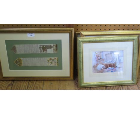 A Baxter type print of a young Queen Victoria, two framed Victorian greetings cards, two Victorian bookmarks, a maple framed 