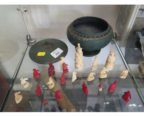 Late 19th / early 20th century Chinese ivory chess pieces (not a complete set) and a painted turned wood bowl and cover