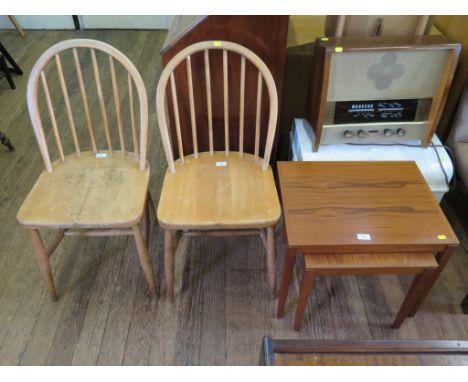 Two Ercol ash Windsor kitchen chairs, a nest of two teak tables and a painted metal trunk