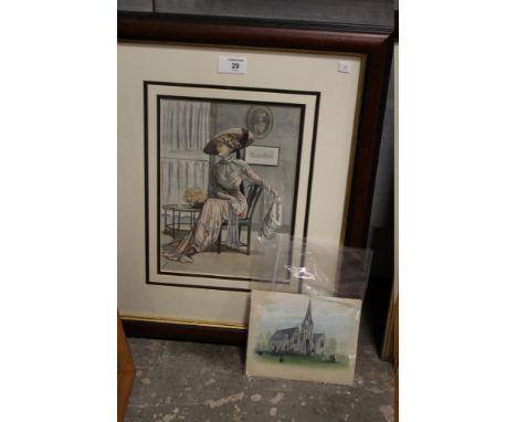 A FRAMED AND GLAZED COLOURED PRINT OF A SEATED LADY TOGETHER WITH AN UNFRAMED WATERCOLOUR DEPICTING A CHURCH