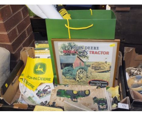 A TRAY OF JOHN DEERE COLLECTABLES TO INCLUDE TABLE CLOTHS ETC