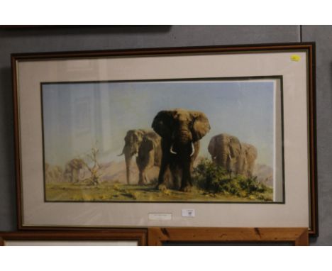 A FRAMED AND GLAZED DAVID SHEPERD PRINT OF ELEPHANTS ENTITLED 'THE IVORY IS THEIRS'