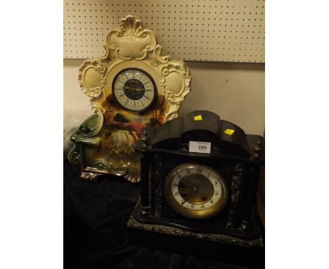 A SLATE AND MARBLE MANTEL CLOCK TOGETHER WITH A CERAMIC EXAMPLE (2)