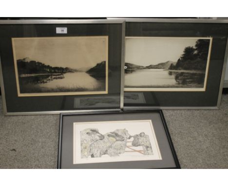 A PAIR OF SIGNED ETCHINGS TOGETHER WITH A LIMITED EDITION SHEEPISH PRINT