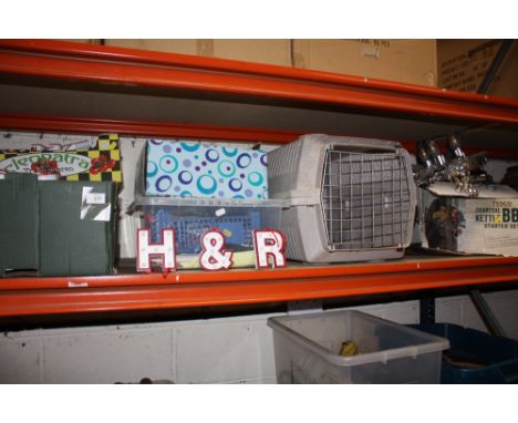 A QUANTITY OF LIGHT UP LETTERS, DOG CAGE, BOXED BBQ SET, LIGHT FITTINGS, COLLECTABLES ETC