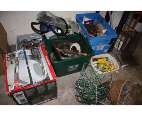 A QUANTITY OF MIXED TOOLS PARTS ETC, HANGING BASKETS, PORTABLE TOILET