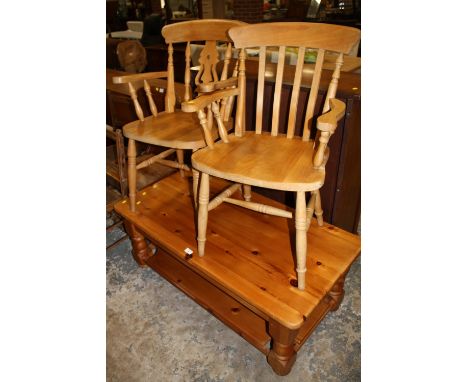 TWO PINE CARVER FARMHOUSE CHAIRS TOGETHER WITH SIMILAR COFFEE TABLE