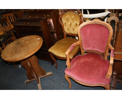 TWO CHAIRS TOGETHER WITH A CIRCULAR SIDE TABLE AND TWO BOOKCASES (5)