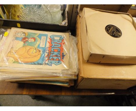 A QUANTITY OF VINTAGE 78 RPM RECORDS TOGETHER WITH A VINTAGE COMICS TO INCLUDE NUTTY AND CRACKER