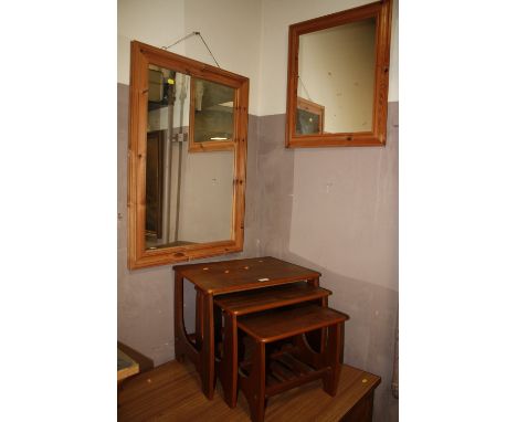 A RETRO NEST OF TABLES TOGETHER WITH 2 PINE FRAMED MIRRORS AND A VINTAGE COUNTRYSIDE PRINT (4)