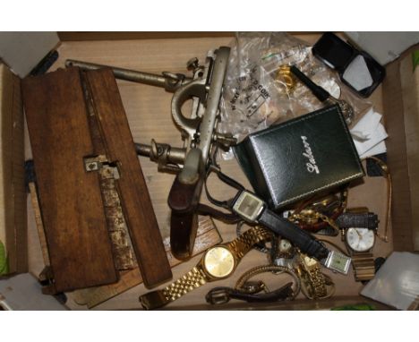 A TRAY OF COLLECTABLES TO INCLUDE VINTAGE TOOLS, A STANLEY No50 MEASURES ETC, TOGETHER WITH VINTAGE WRIST WATCHES