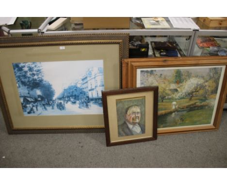 A COLLECTION OF FRAMED PRINTS TOGETHER WITH A WATERCOLOUR PORTRAIT OF A GENTLEMAN