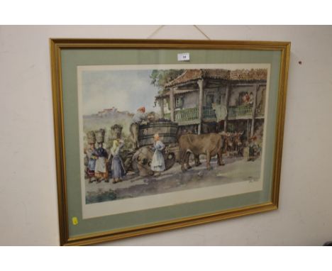 A LARGE FRAMED AND GLAZED SIGNED ERIC STURGEON PRINT ENTITLED 'THE GRAPE HARVEST'