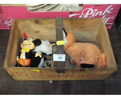 A VINTAGE TRUG CONTAINING VINTAGE TOYS INCLUDING A MICKEY MOUSE MONEY BANK