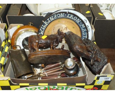 A TRAY OF COLLECTABLES TO INCLUDE RETRO CUTLERY, BAROMETER, COW BELL ETC