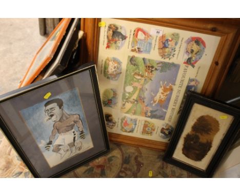A VINTAGE FRAMED PAINTING ON MILK GLASS TOGETHER WITH A MOHAMMED ALI PRINT AND A NURSERY STYLE PRINT