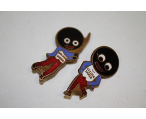 TWO GOLDEN SHRED ENAMEL GOLLY PIN BADGES 