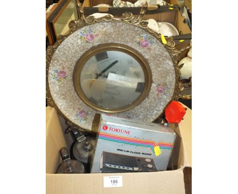 BRASS AND CERAMIC WADE WALL MIRROR TOGETHER WITH A BOX OF METALWARE