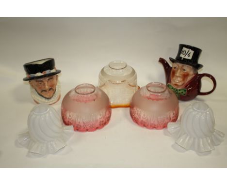 A COLLECTION OF VINTAGE GLASS LIGHTSHADES AND CERAMIC CHARACTER JUGS
