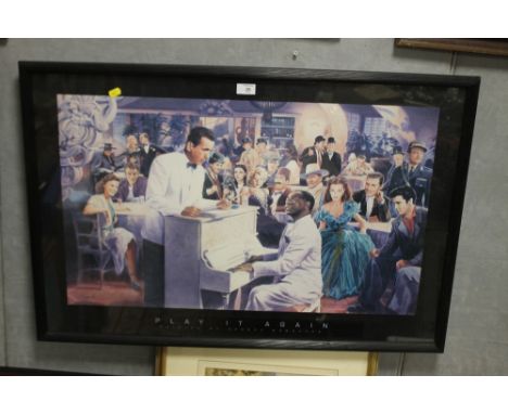 A LARGE FRAMED AND GLAZED PRINT ENTITLED 'PLAY IT AGAIN' FEATURING VINTAGE STARS OF STAGE AND SCREEN