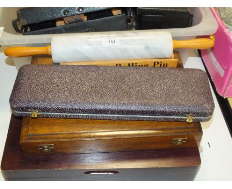 TWO CASED FLATWARE SET TOGETHER WITH A CARVING SET AND A ROLLING PIN